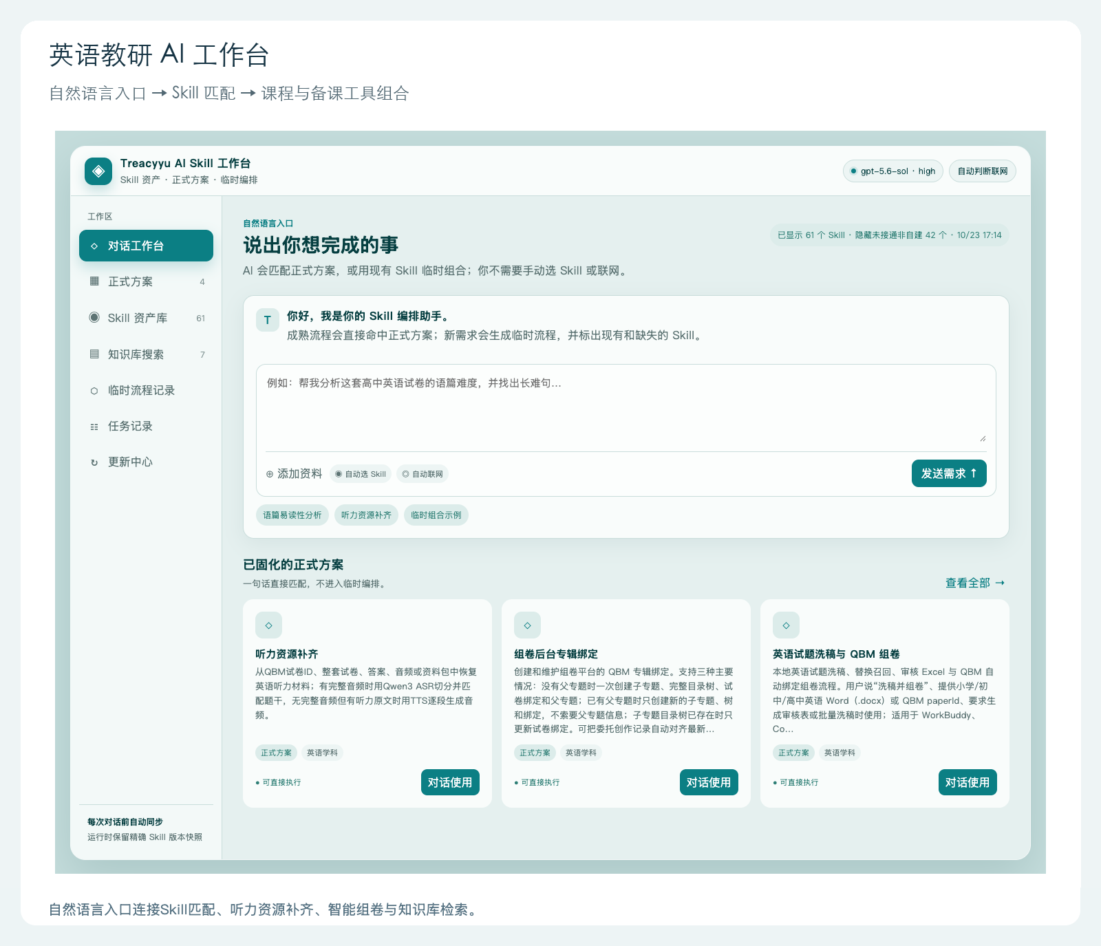 英语教研AI工作台:自然语言入口与听力、组卷等工具方案。