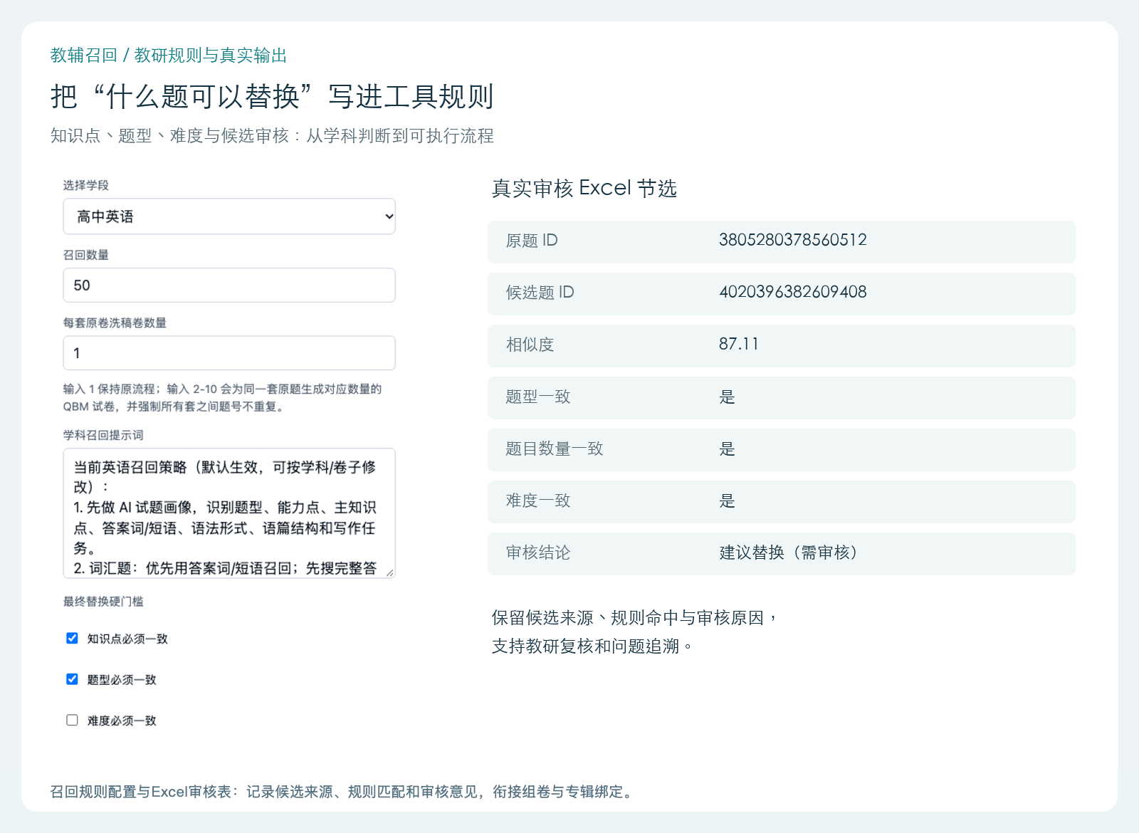 智能召回规则配置与Excel审核表,衔接组卷和专辑绑定。